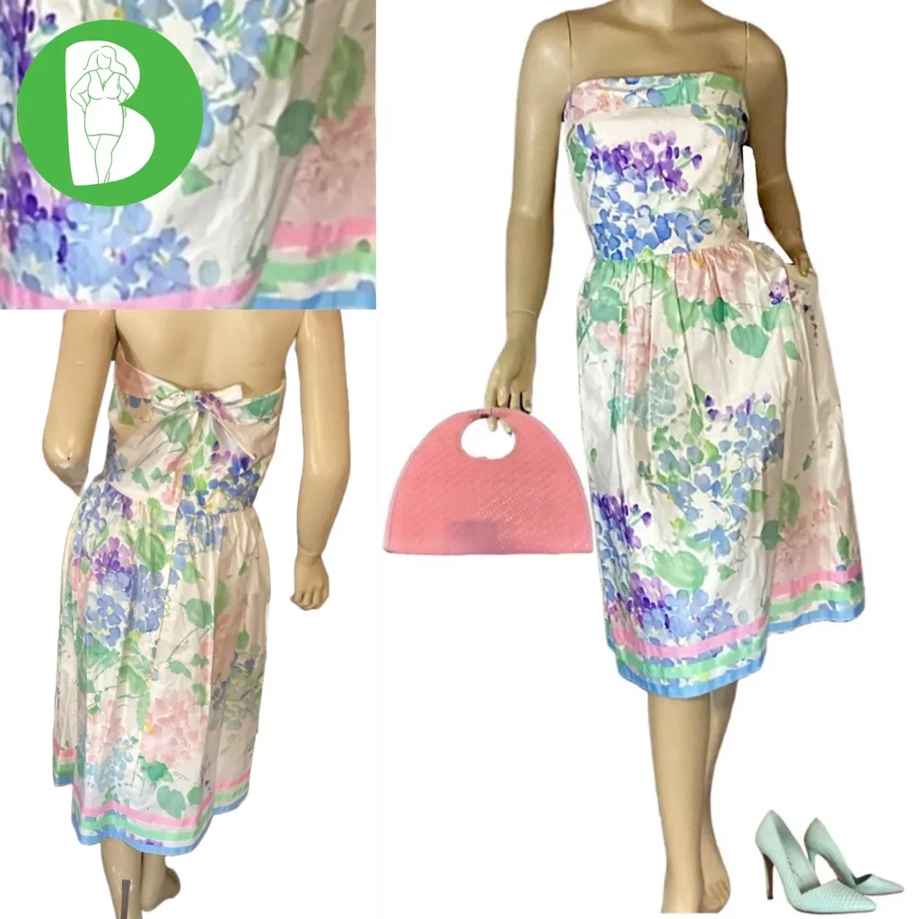 VINTAGE 1980'S BLAIR WOOLVERTON STRAPLESS PASTEL FLORAL PRINT TEA DRESS (12) - Image 2