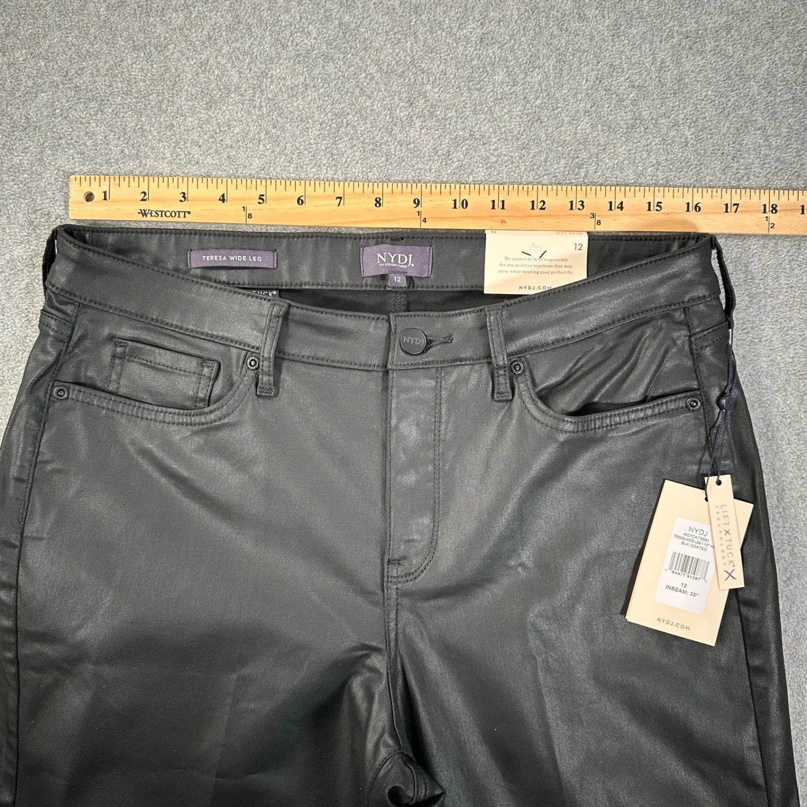 NYDJ Teresa Wide Leg Black Coated Jeans Women's 12 Inseam 28" Lift Tuck New - Image 9