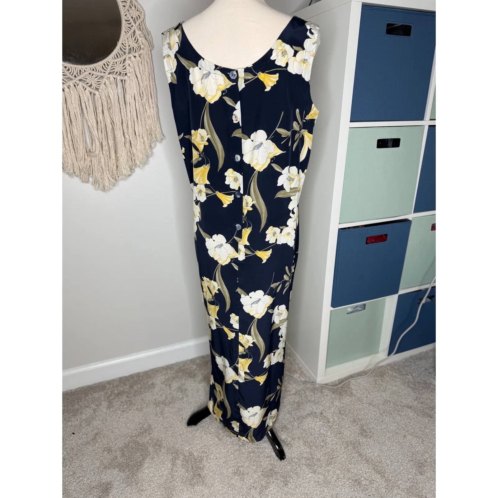 Vintage 2000s 100% Silk Blue Butter Yellow Floral Phoebe Buffay Maxi Dress 14 - Image 2