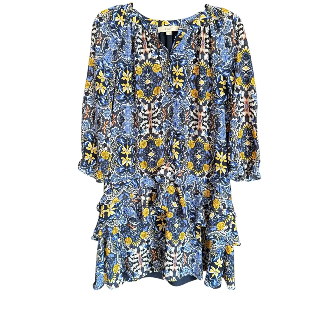LOFT Ann Taylor Blue & Yellow Floral Drop Waist Ruffle Dress Size Small Petite - Image 2