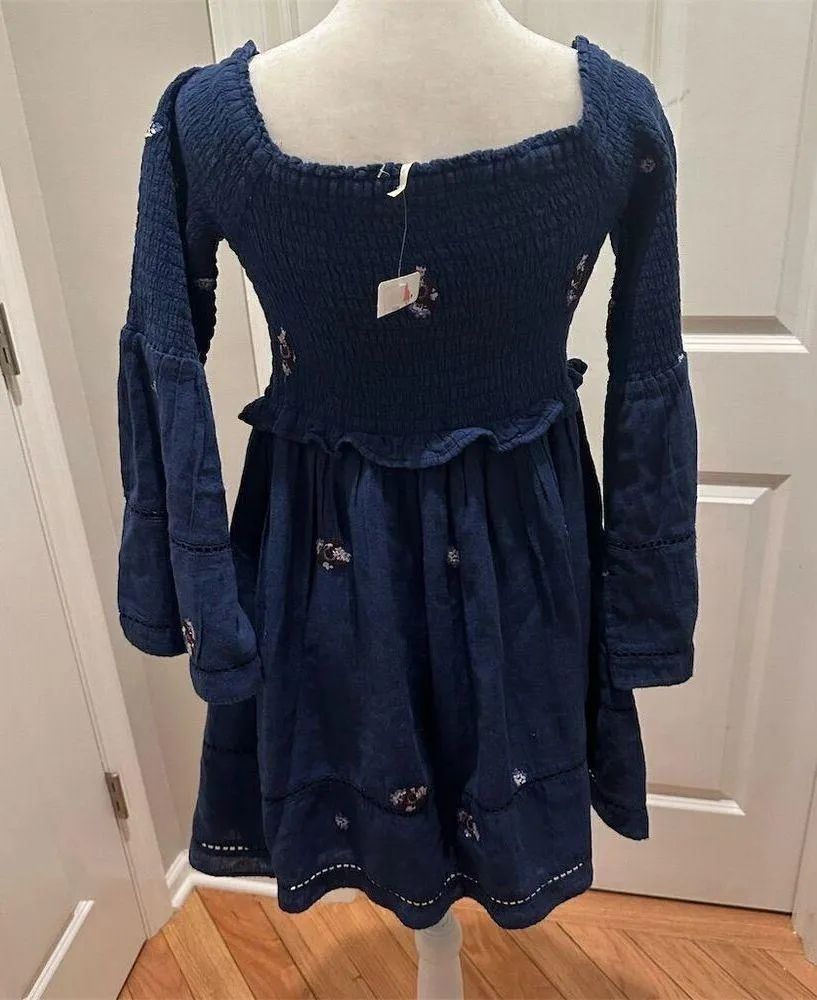 Free People Counting Daisies Blue Embroidered Mini Dress Bell Sleeve SM NWT - Image 4