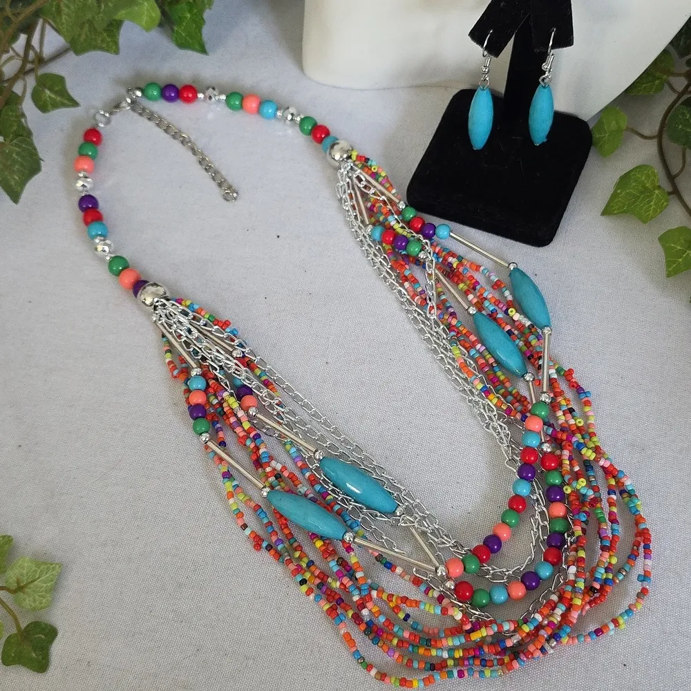 Boho Multi Strand Necklace with Matching Earrings Set Red - Image 2