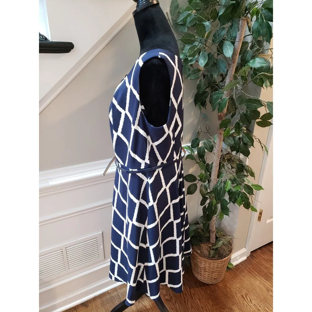 AGB Sheath Dress Women's 14W Blue & White Round Neck Sleeveless Belted Pullover Size undefined - Image 12