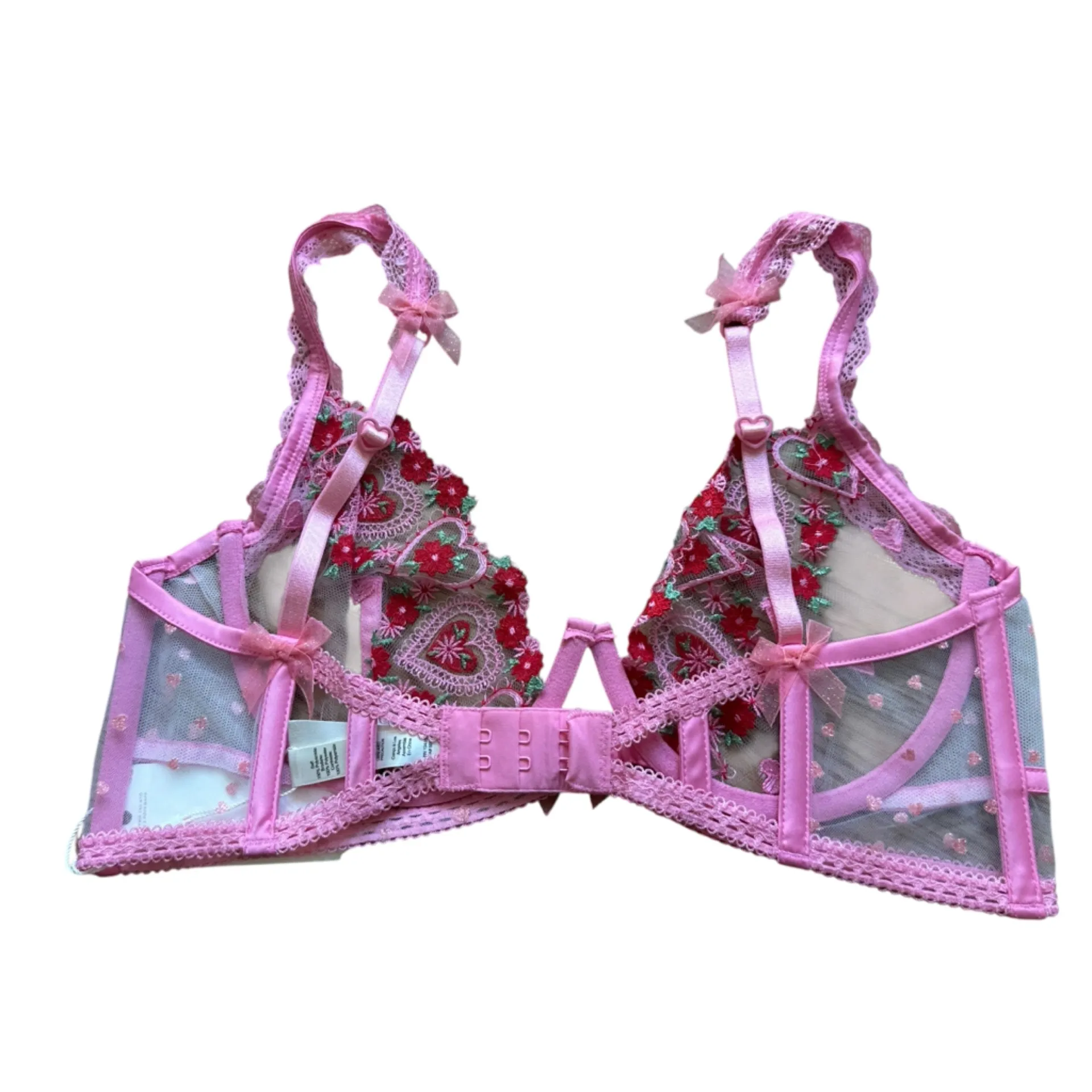 For Love & Lemons Valentine Heart Embroidered Sheer Mesh Bra Pink 34C NWT - Image 3