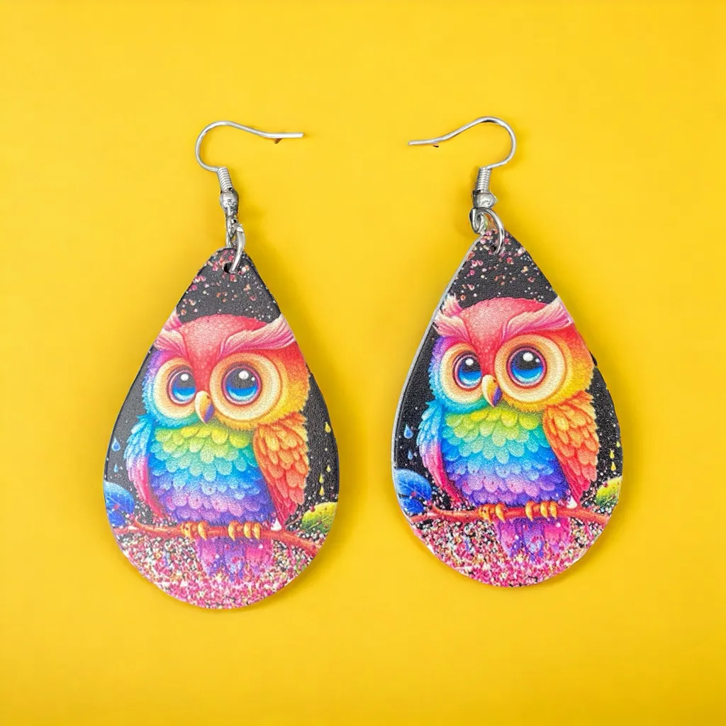 Lovely Owl Design Waterdrop Colorful Wooden Drop Ear Dangle‎ Jewelry - Image 3
