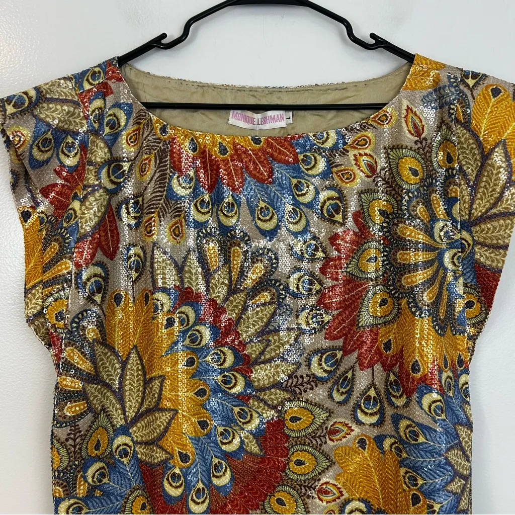 NWT Monique Leshman 100% Silk Colorful Sequin Peacock Belted Mini Dress Large Red - Image 3