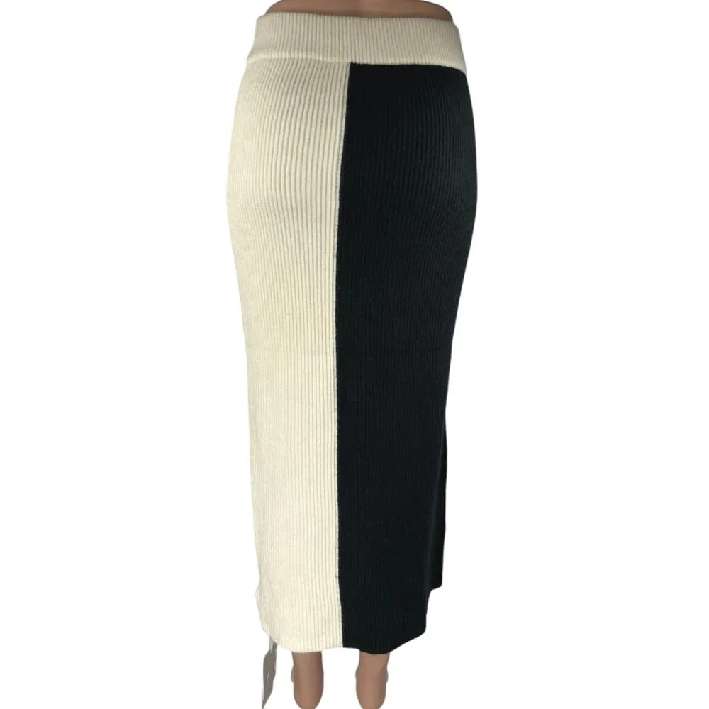 NEW Commense Cream Black Colorblock Ribbed Knit Stretch Pencil Midi Skirt Size S - Image 3