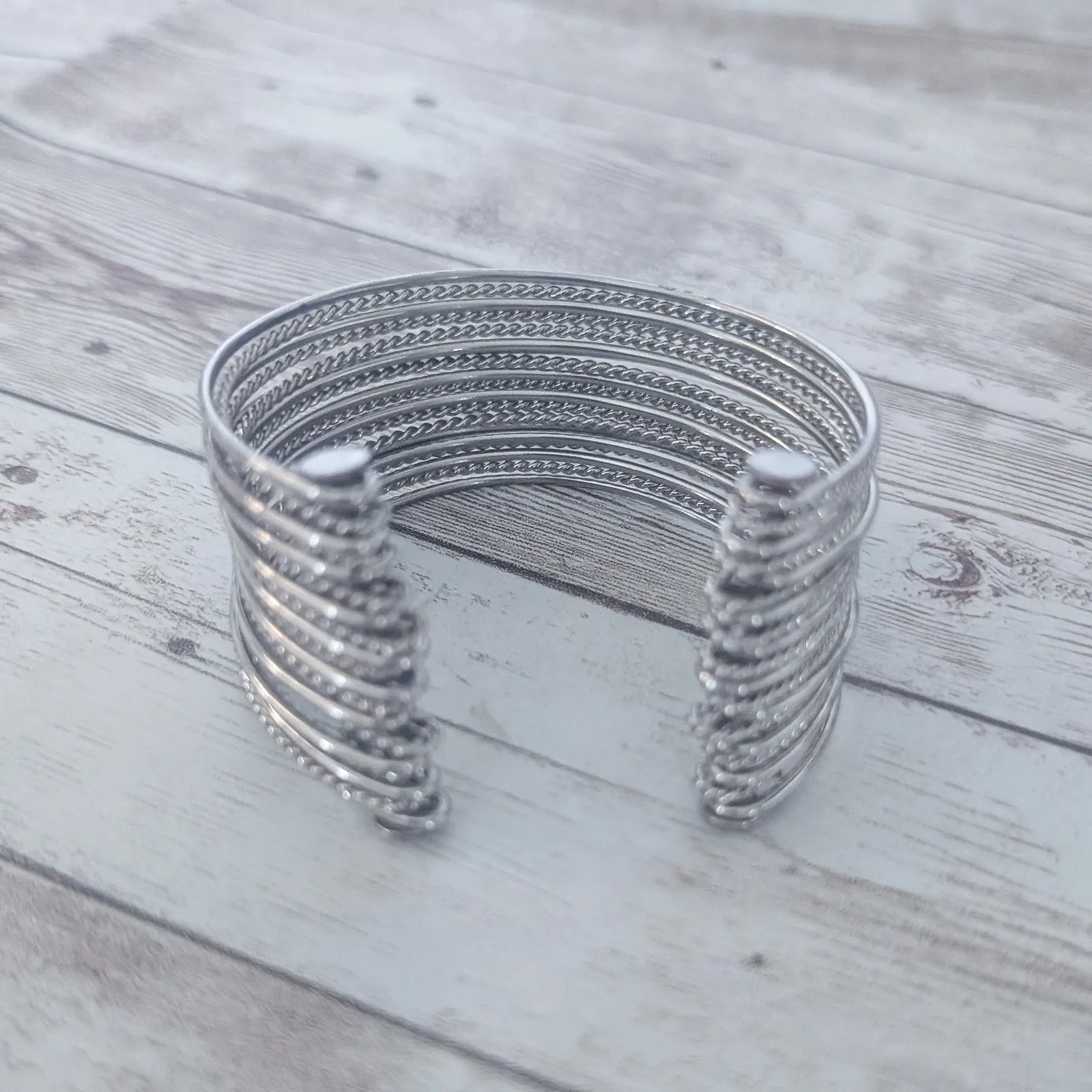 Vintage Cuff Bracelet Chunky Statement Silver Tone - Image 7