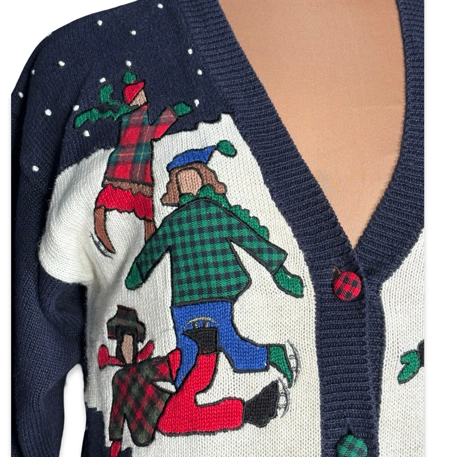 Vintage 90s Susan Bristol Petites Ice Skating Navy Plaid Cardigan Sweater Medium Blue Size undefined - Image 2