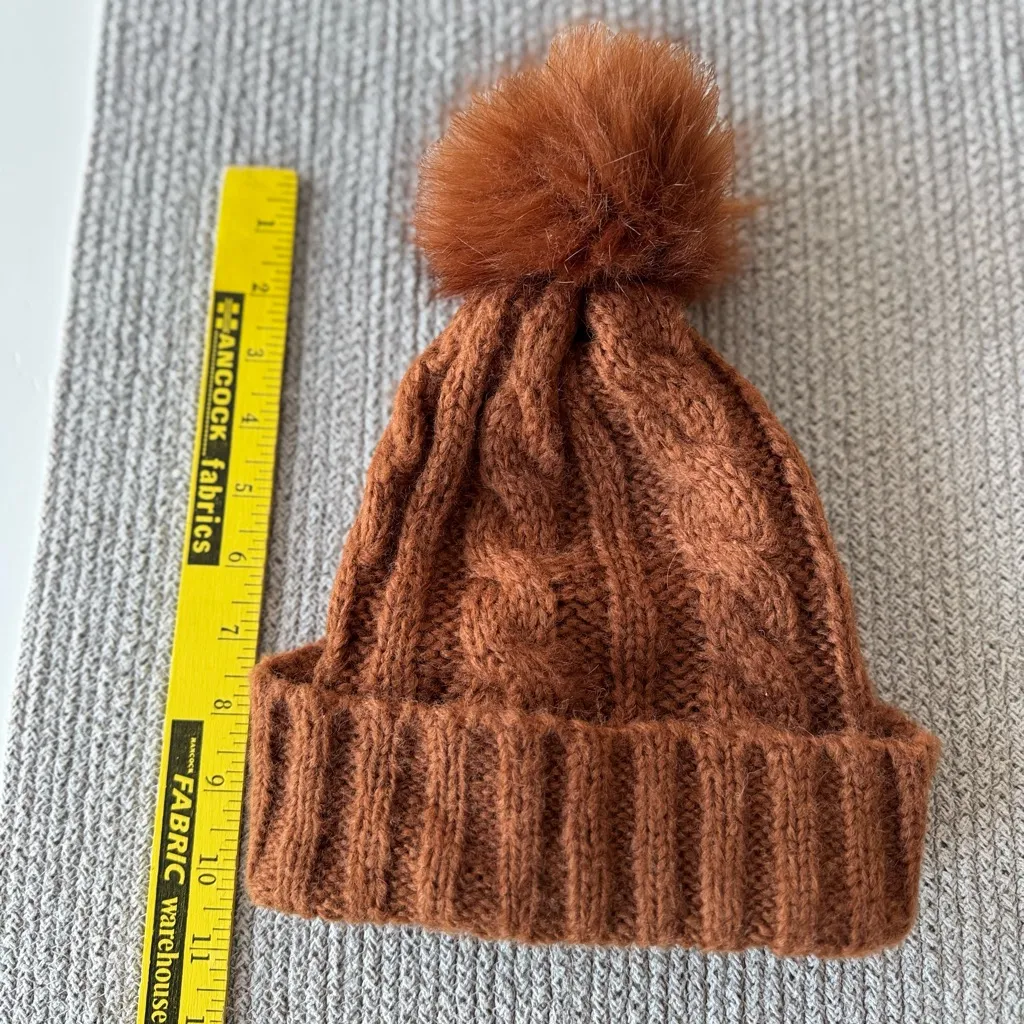 Cognac Brown Cable Knit Winter Hat with Faux Fur Pom Pom - Image 2