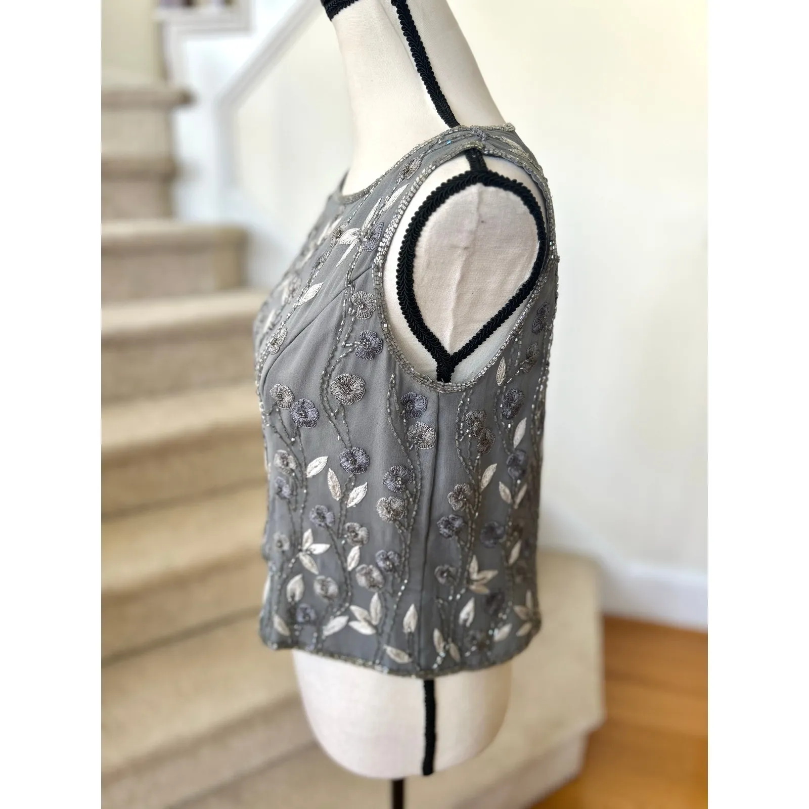 Vintage 90s Silk Grey Silver Beaded Embroidered Floral Scoop Neck Tank - Image 3