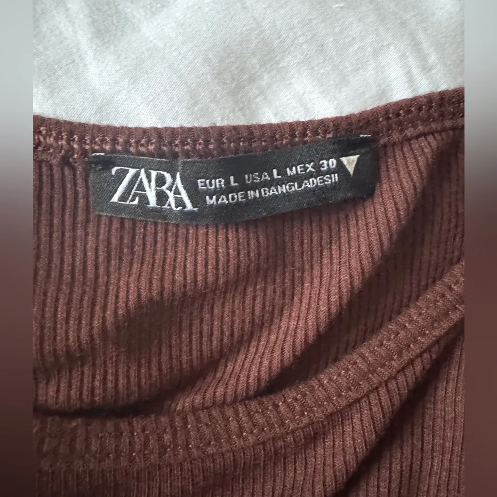 Zara Brown Ribbed Long Sleeve Cutout Top Sz Large Minimalist Neutral Fall Layer - Image 4