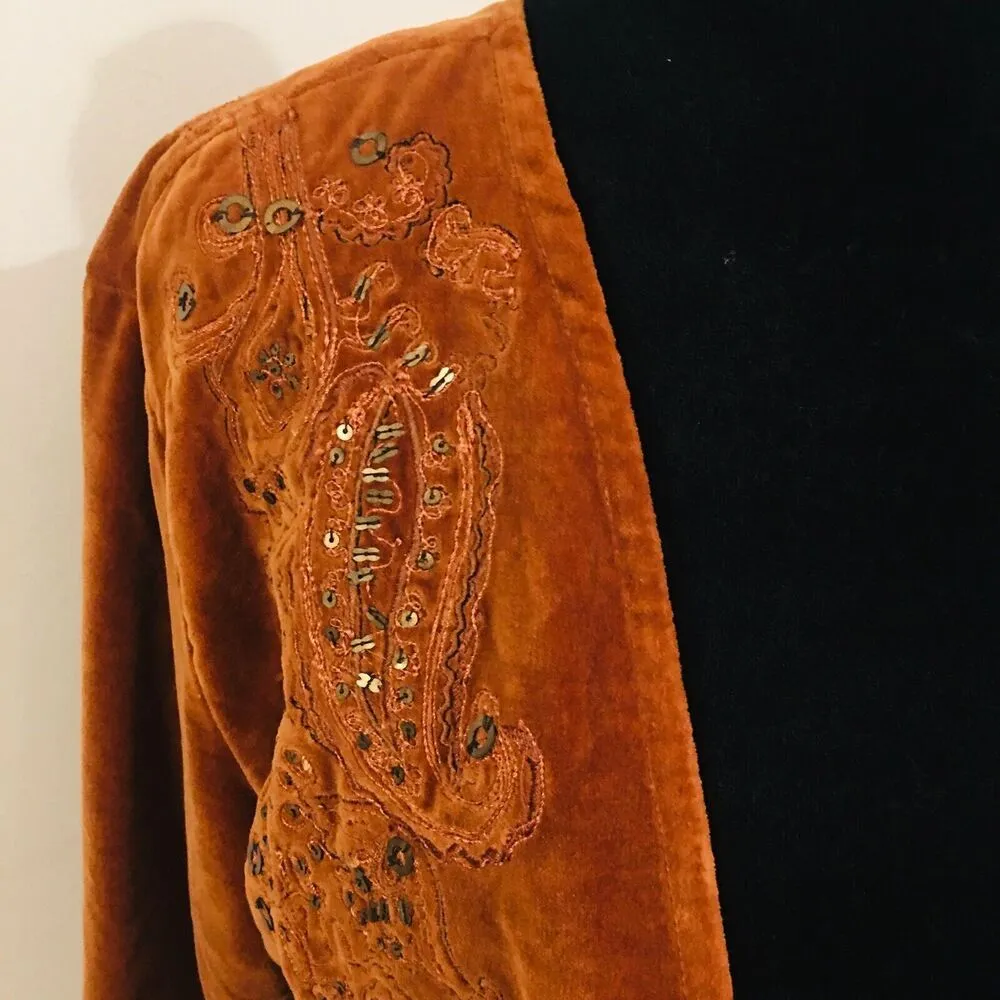 CHICO'S Boho Rust Velvet Cropped Beaded Embroidered Paisley Jacket 1 Small - Image 5