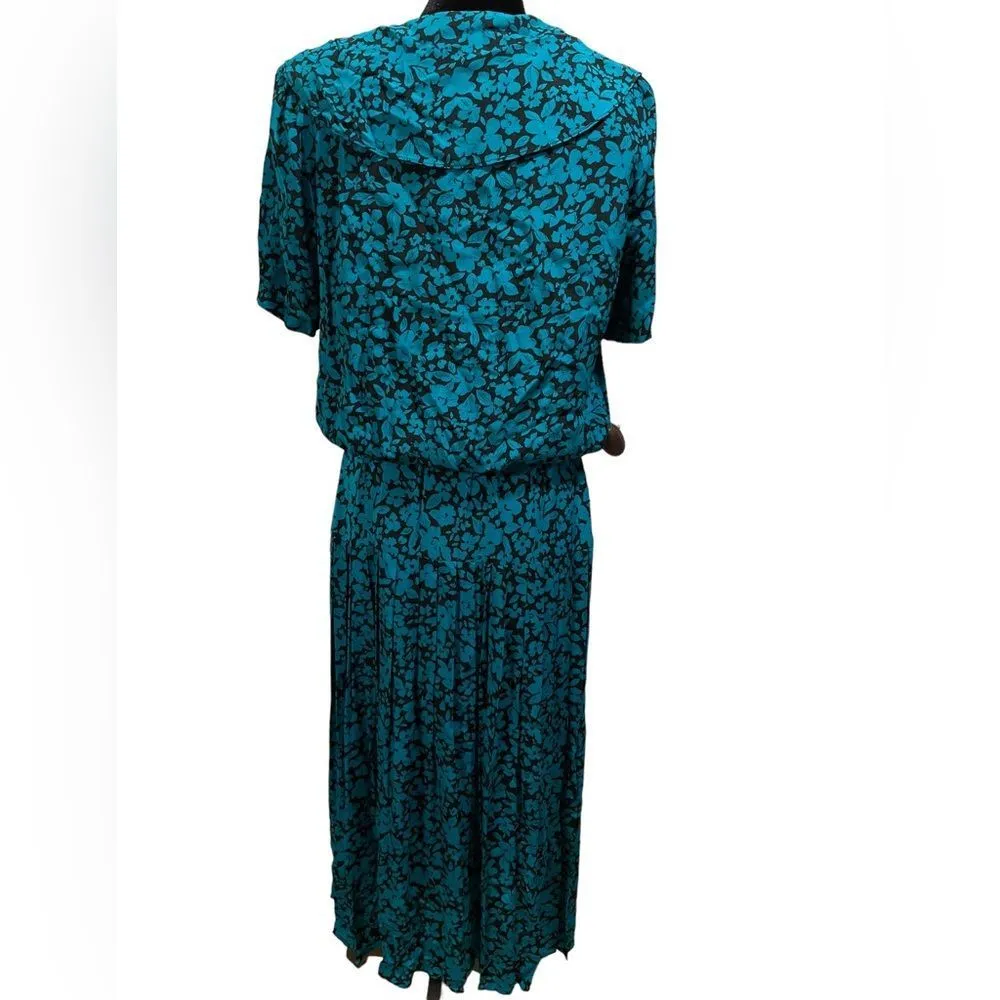 Secrets Vintage 80s Teal Black Floral Sultry Wrap Style Blouson Maxi Dress Size 8 - Image 5
