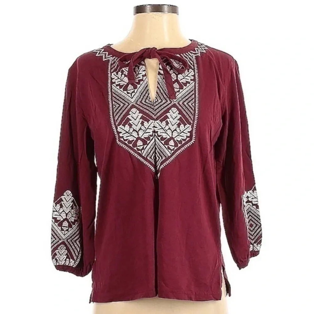 J. Crew | Vintage Embroidered Tie-Neck Top Burgundy Relaxing Bohemian Size XS - Image 2