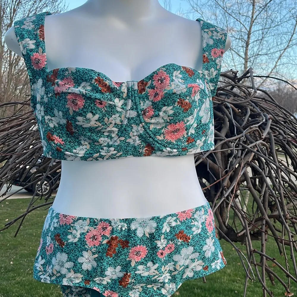 Retro floral aqua plus size 2X bikini set underwire wide strap tropical - Image 2