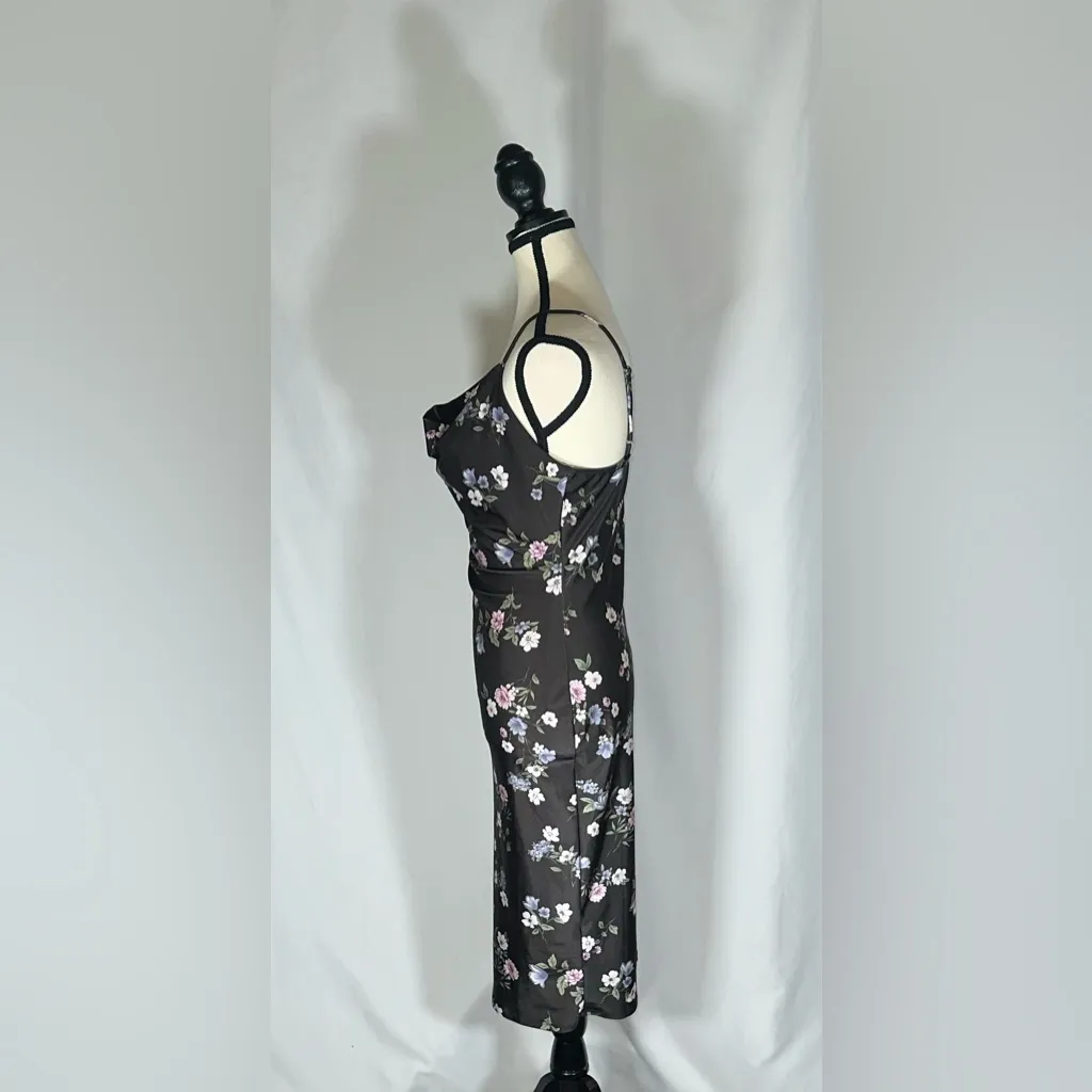 IRIS • Black Silky Floral Bodycon Size Med. Y2K 90s Slip Dress Grunge Glam Punk - Image 2
