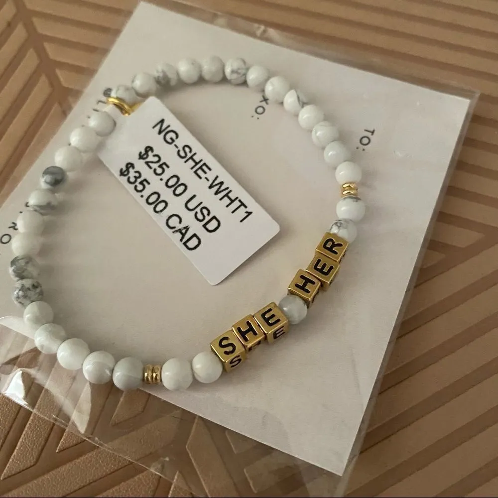 Little Words Project Bracelet She Her Stretch Beaded Gold Marble Neutral Pronoun White - Image 2