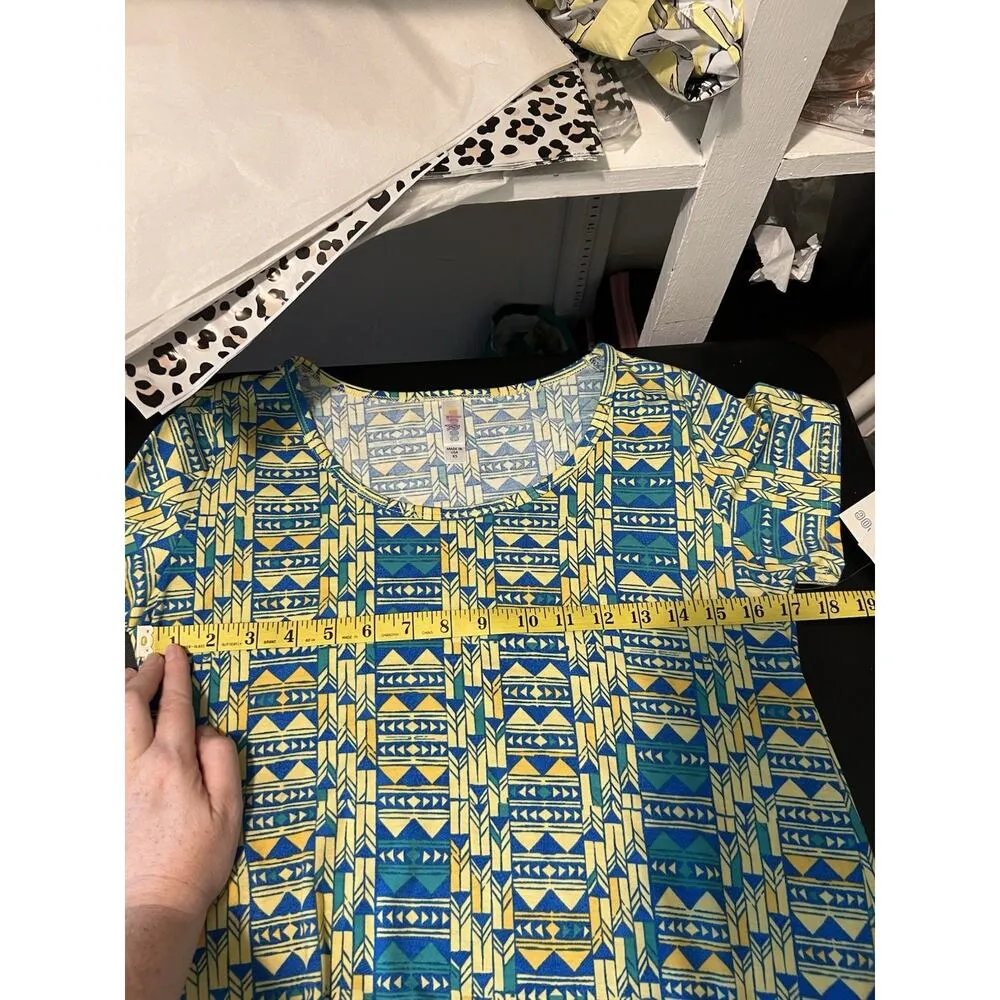 LuLaRoe Classic T Shirt XS Yellow Blue Tribal Print Short Sleeve Hi-Low Hem NWT - Image 7