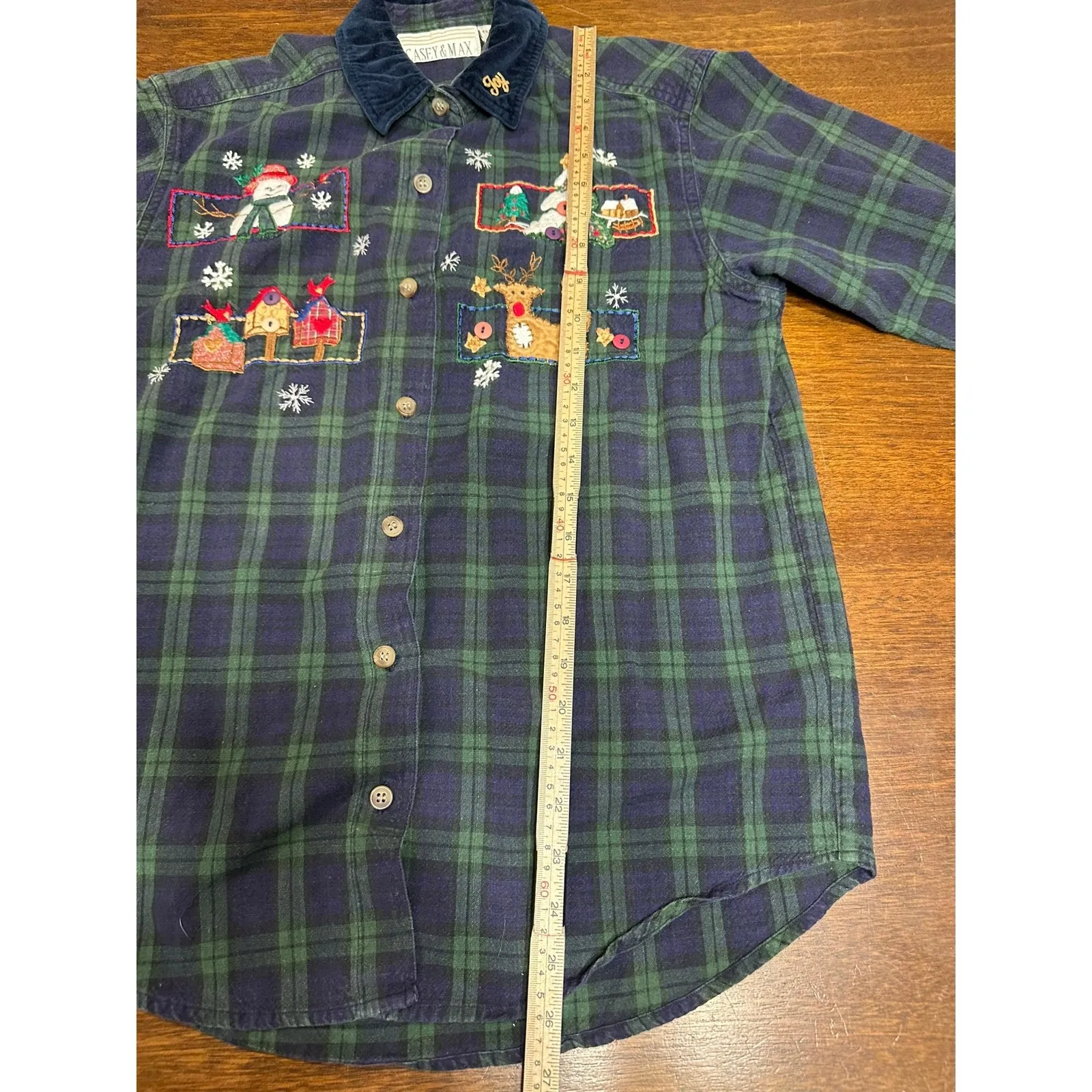 VTG Casey Max Plaid Embroidered Corduroy Collar Christmas Grandma Academia Twee Green - Image 5