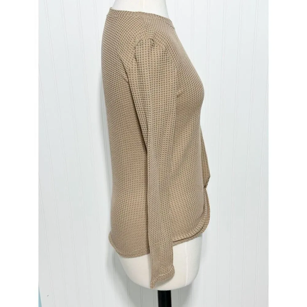 Women's Waffle Knit Twist Knot Long Sleeve Pullover Sweater Khaki Tan Size Small - Image 4