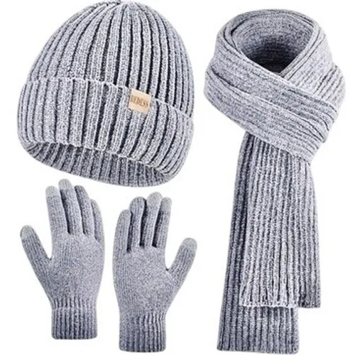 Chenille Winter Cozy Gray 3pc Set Long Scarf Touchscreen Gloves Beanie Hat Cap - Image 1