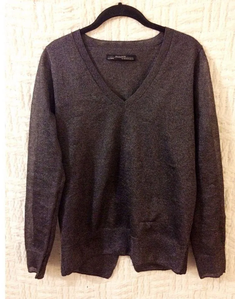 All Saints V-Neck Jumper Flip Back Grey Gray Shimmer Sweater Top 6 Small - Image 3