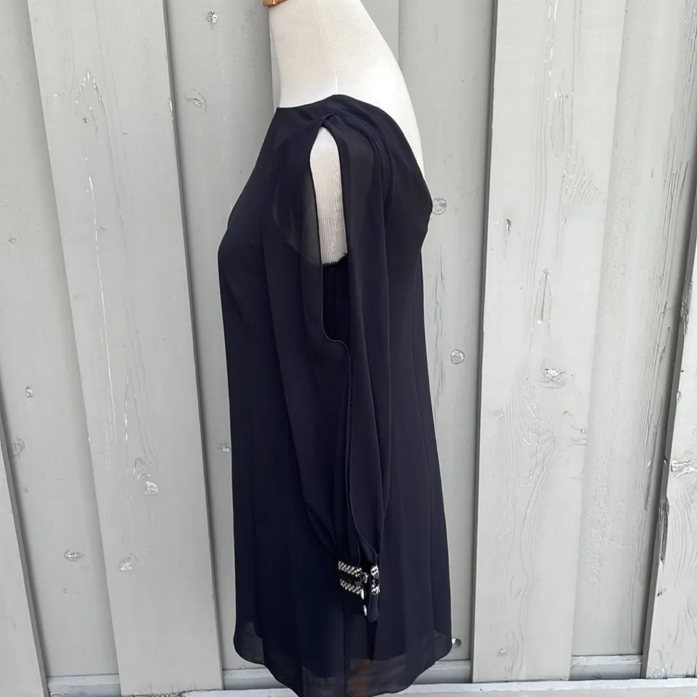 A.Byer Sheer Black Mini Dress with Long Sleeve Cold Shoulder Sequin Cuff Sz.S - Image 4