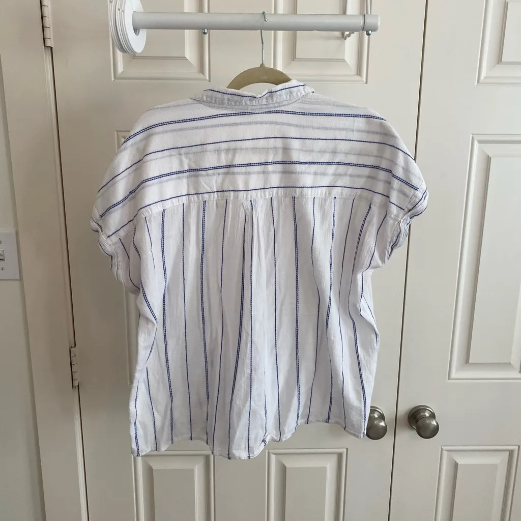 Blue & White Striped Short Sleeve Button-Up Shirt - Image 2