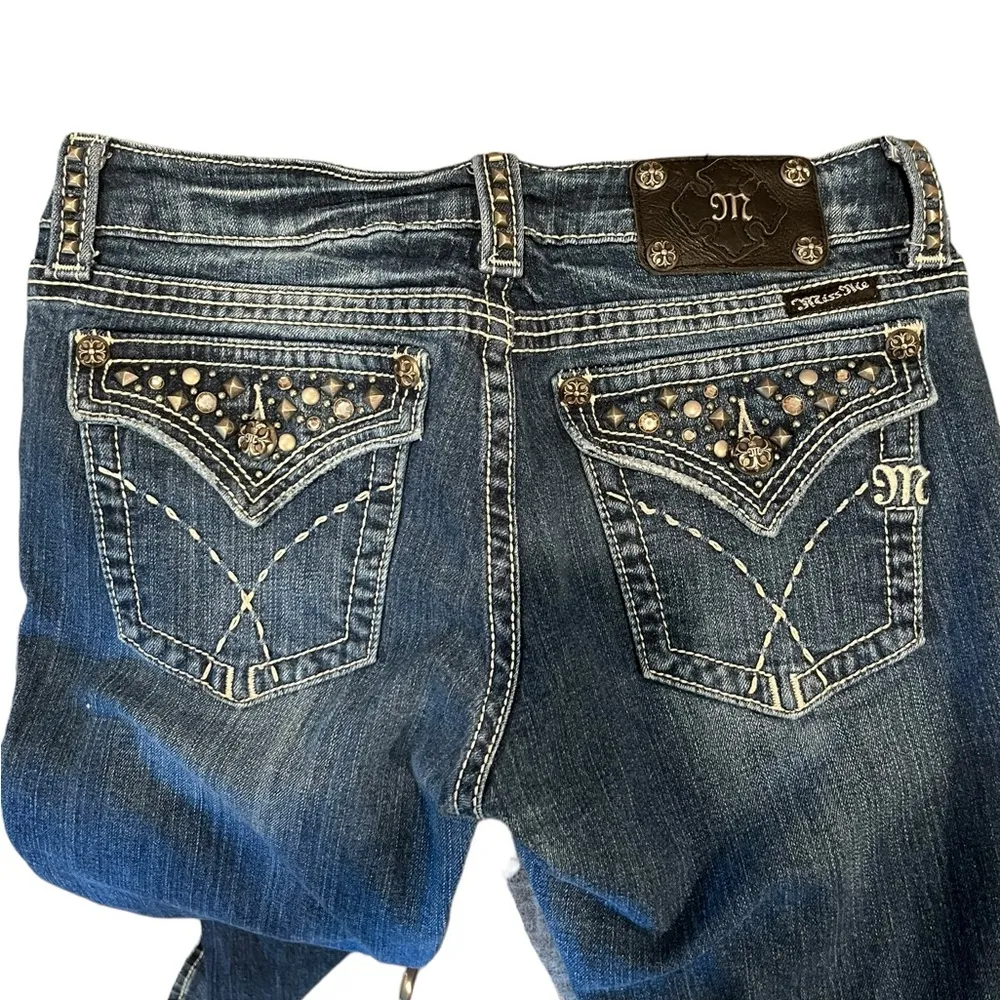 Miss Me JW4288B9 Mid Rise Jeweled Studded Medium Wash Bootcut Distressed Jeans - Image 4