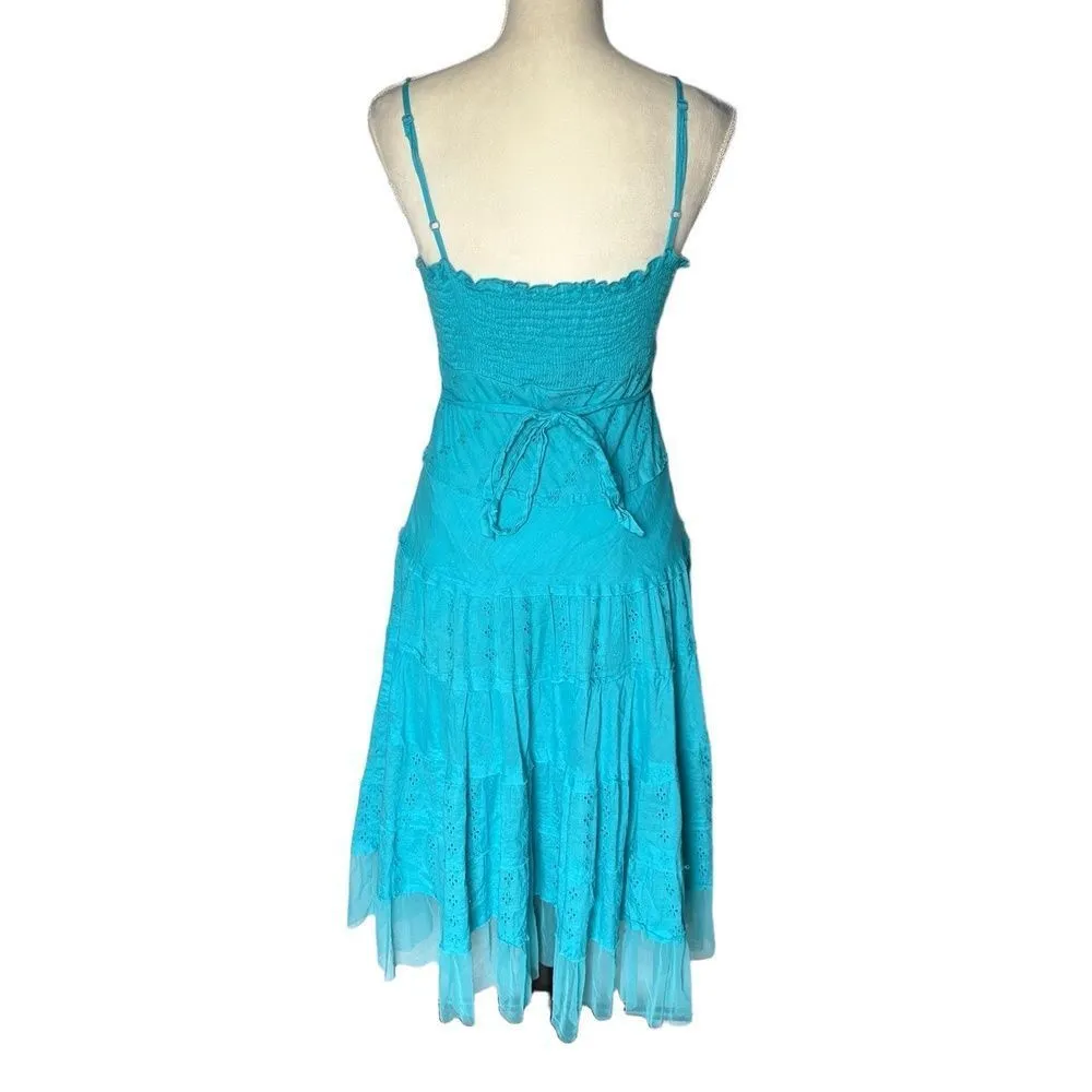 Connected Apparel Dress Medium Aqua Sundress Tiered Eyelet Mesh Fairy Boho Y2K - Image 5