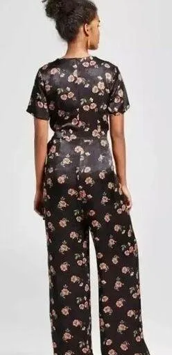 XHILARATION Black Peach Floral Satin Silky Tie Wrap Wide Leg VNeck Jumpsuit - Image 2