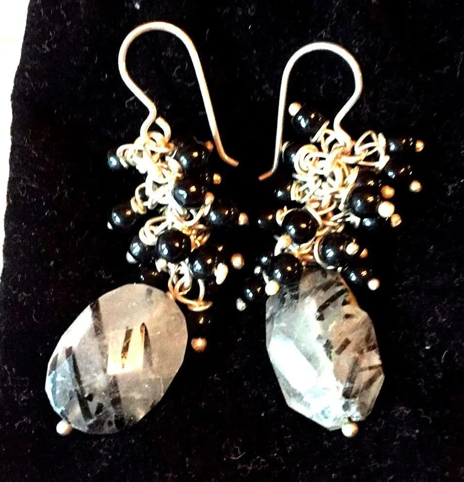 Earrings Artisan Zebra Stone with black silver cluster Bobs - Image 2