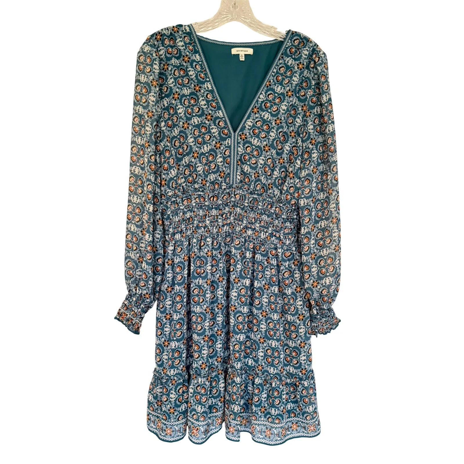 Max Studio Smocked Waist Mini Dress Women's XL Teal Boho Hippie Dainty Career - Image 2