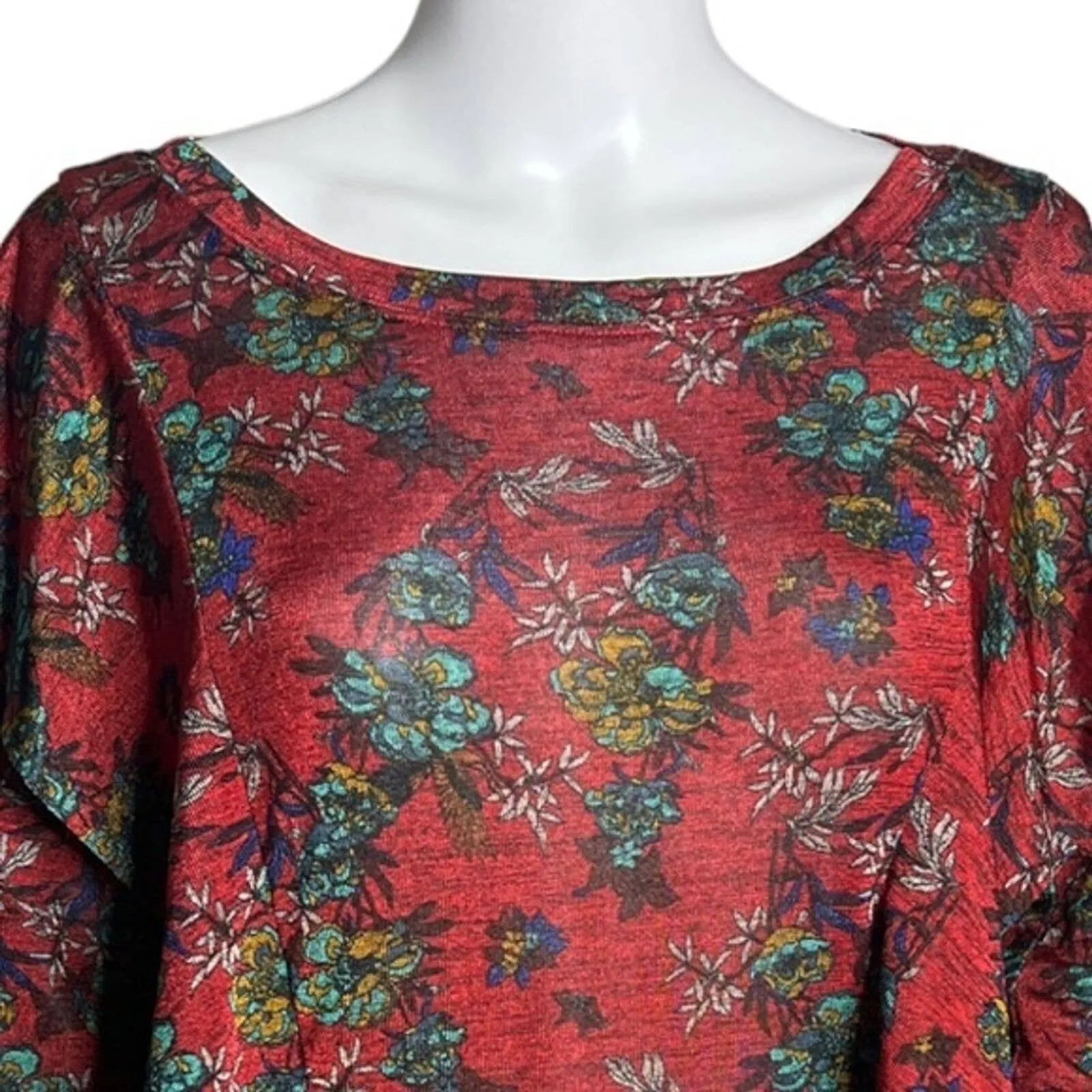 Free People Shirt Womens Small Red Floral Dock Street Blouse Ruffle Boho Peasant - Image 4