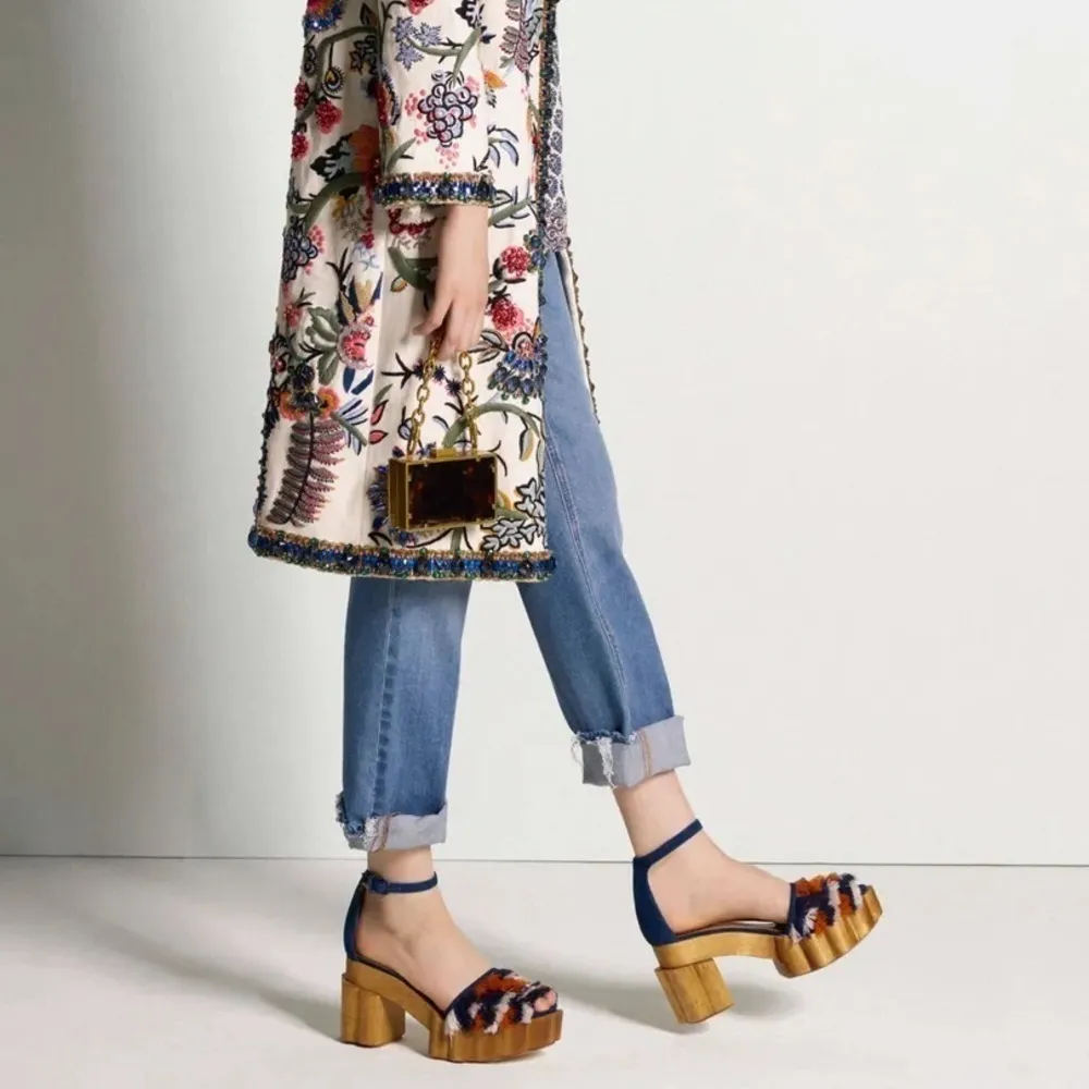 Tory Burch Alma Platform Sandals Heels Size 7 Fringe Suede Wooden Block Heel - Image 13