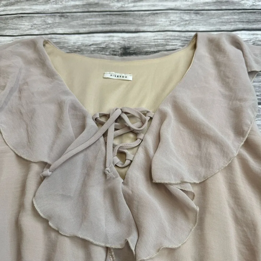 Vivayou Women's Maxi Dress Tan Beige Black Accordion Pleat L LG Large Ruffle - Image 3