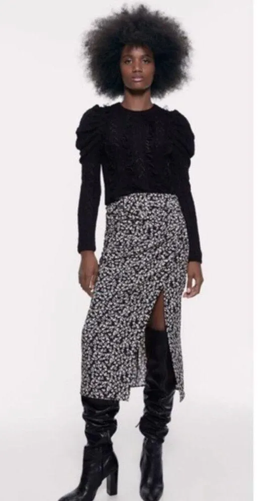 Zara Draped Black Moody Micro Floral Print Ruched Side Slit Midi Skirt XS - Image 11