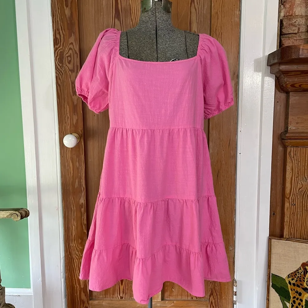 Luukse Bright Pink Tiered Babydoll Puff Sleeve Cottage Core Dress Sz XL - Image 6