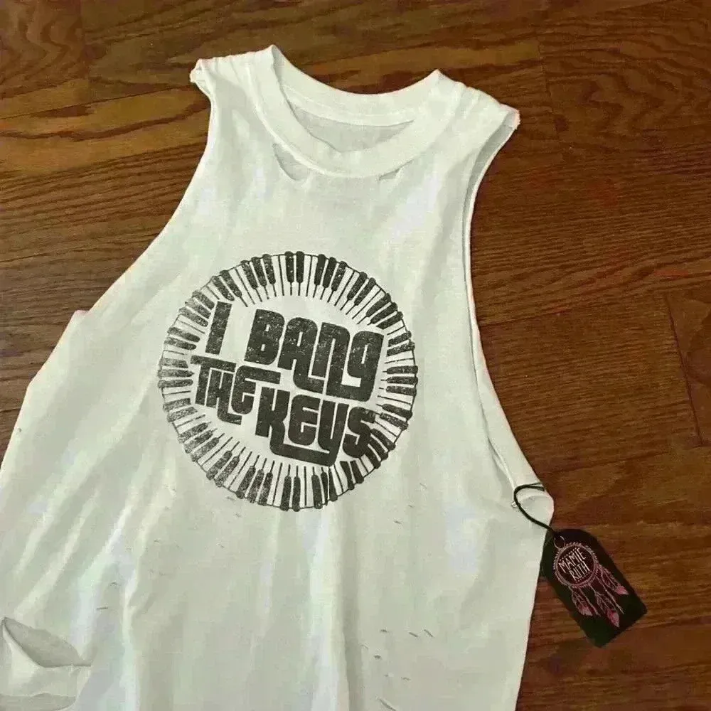 Mamie Ruth I Bang The Keys Tank Band Wife Piano Keyboard wifey Size Small NWT White - Image 5