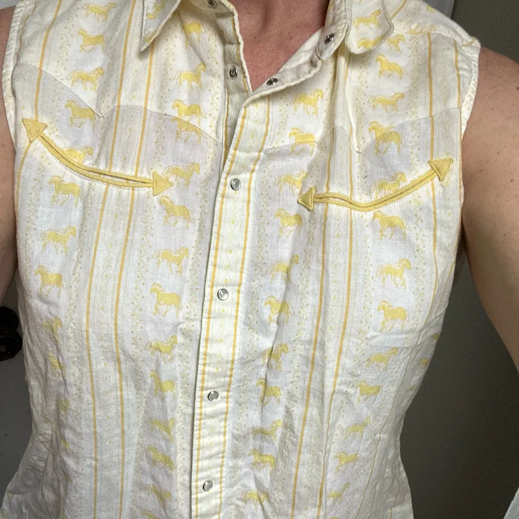Wrangler Blues yellow horse print Western snap up tank L/XL - Image 8
