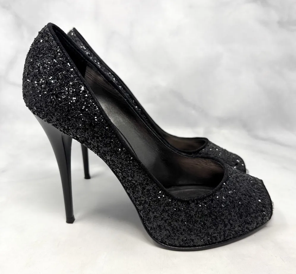 Giuseppe Zanotti Glitter Textured Platform Open Peep Toe Pumps Heels Black 39.5 - Image 1