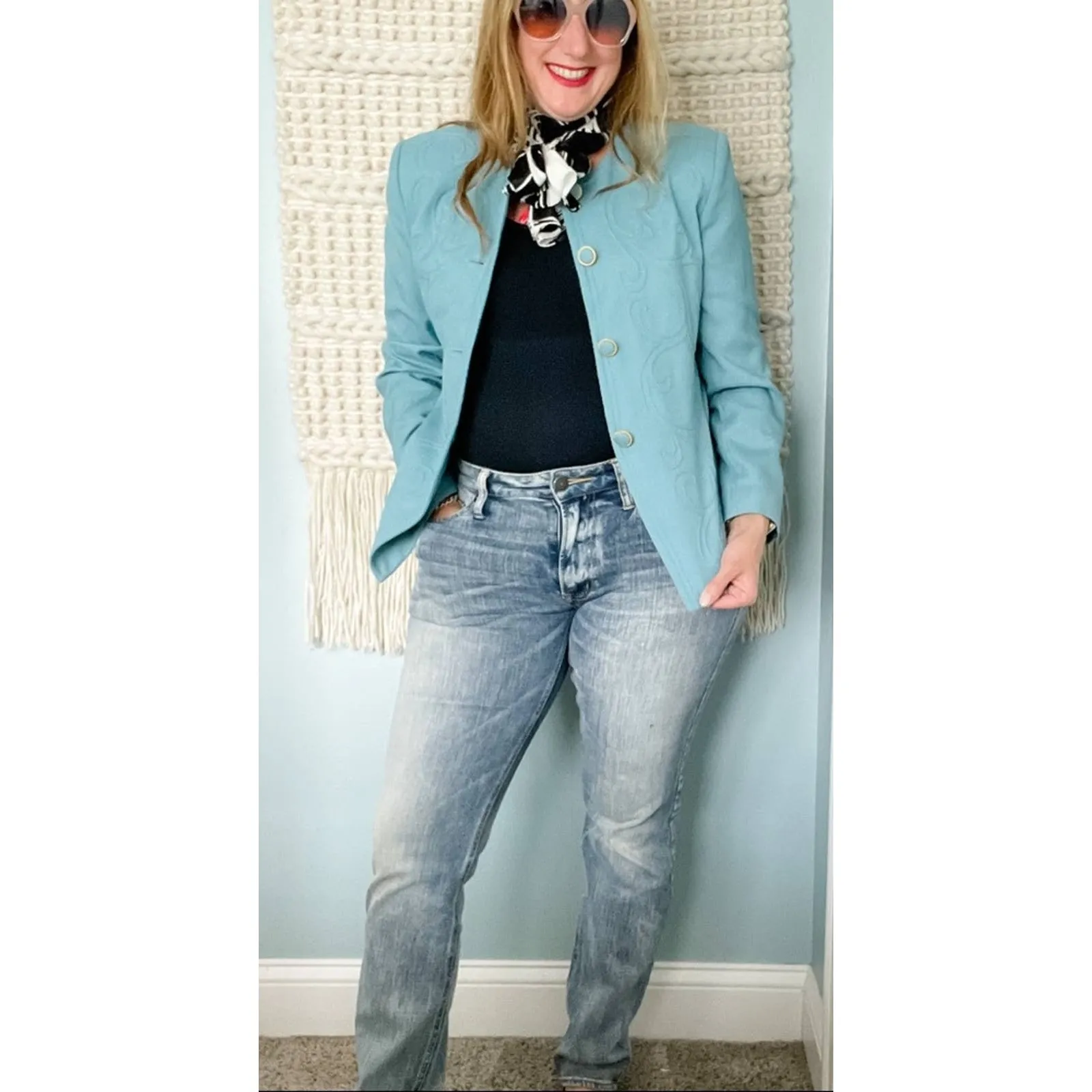 Vintage Retro Feminine Stitched Collarless Blazer Jacket blue gold size 10P MP - Image 8