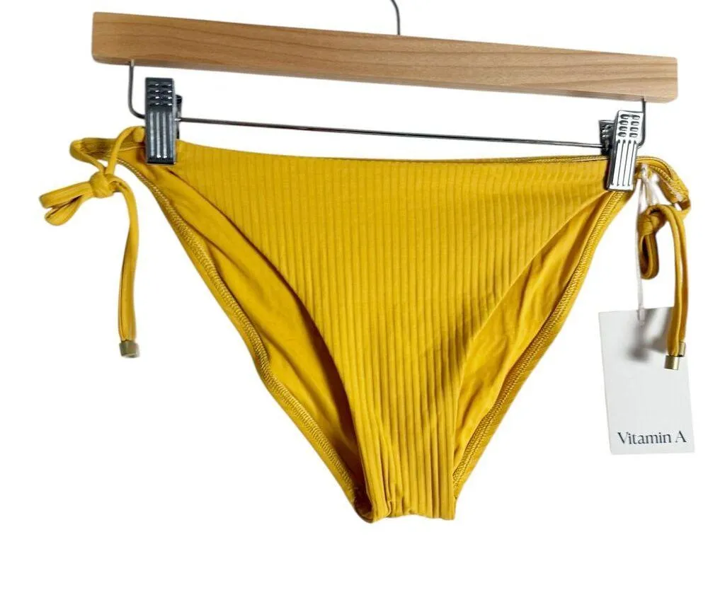 Vitamin A Elle Yellow Ribbed Classic Side Tie String Bikini Bottoms Size XXL - Image 3