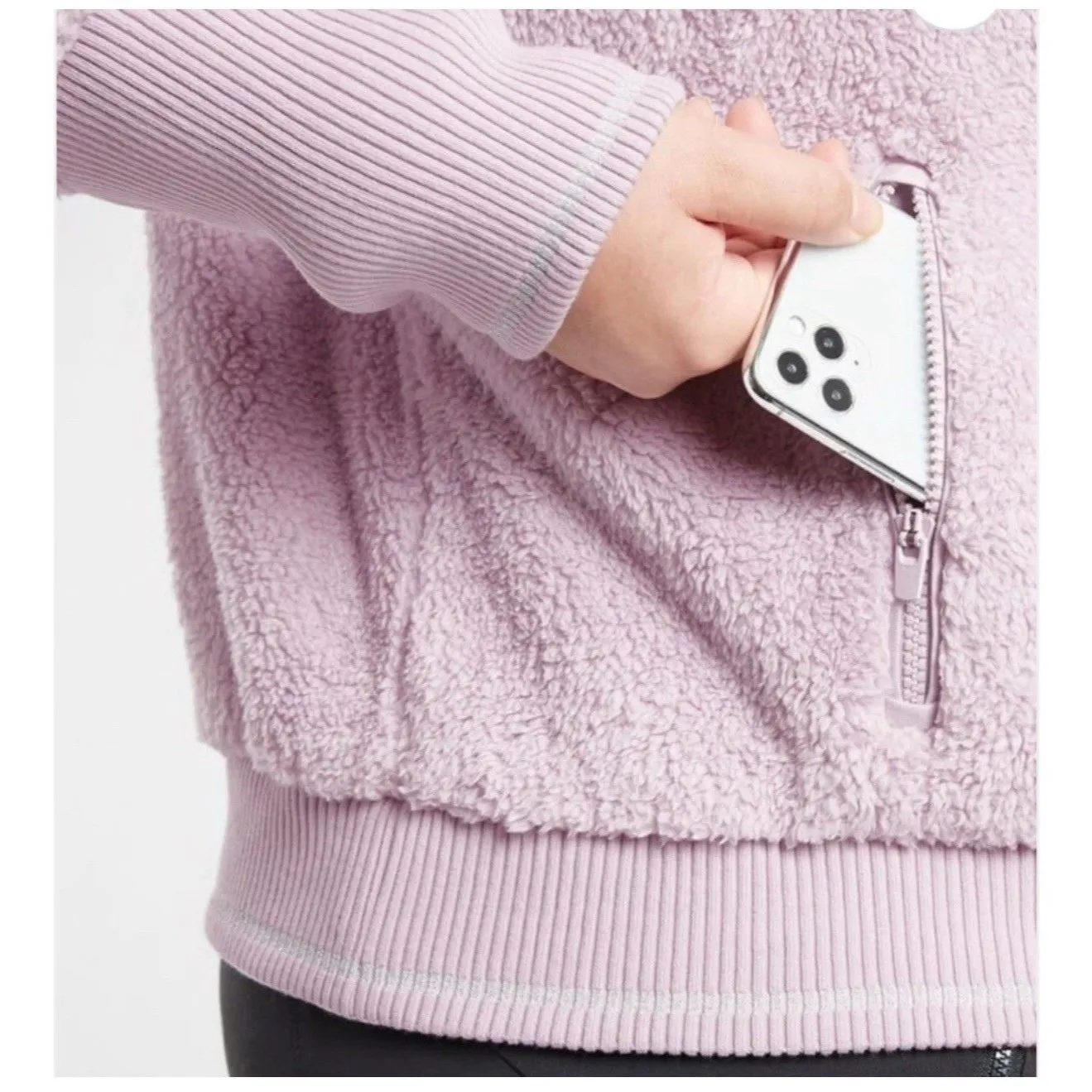 Athleta Lavender Women’s Tugga Sherpa Fleece Cropped Zip Jacket Size 2X Pockets - Image 3