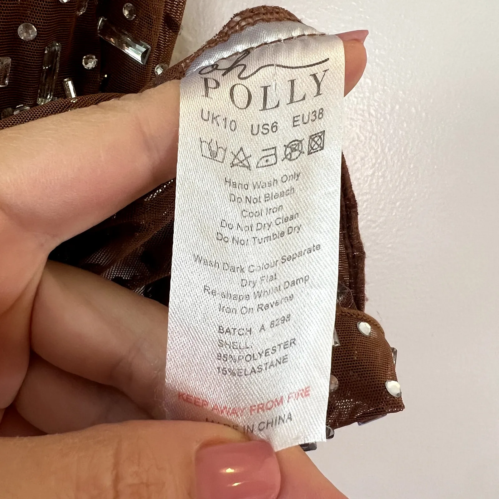 Oh Polly Caprice Sheer Embellished Bodycon Mini Dress Brown Mocha size 6 - Image 4