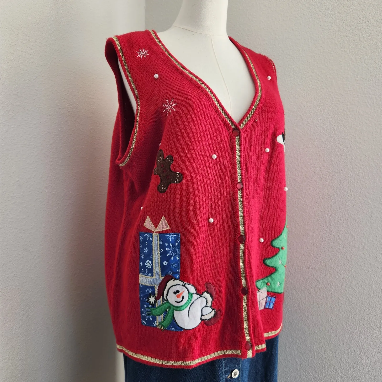 Vintage Y2K White Stag Red Knit Ugly Christmas Sweater Vest Holiday Theme L - Image 3