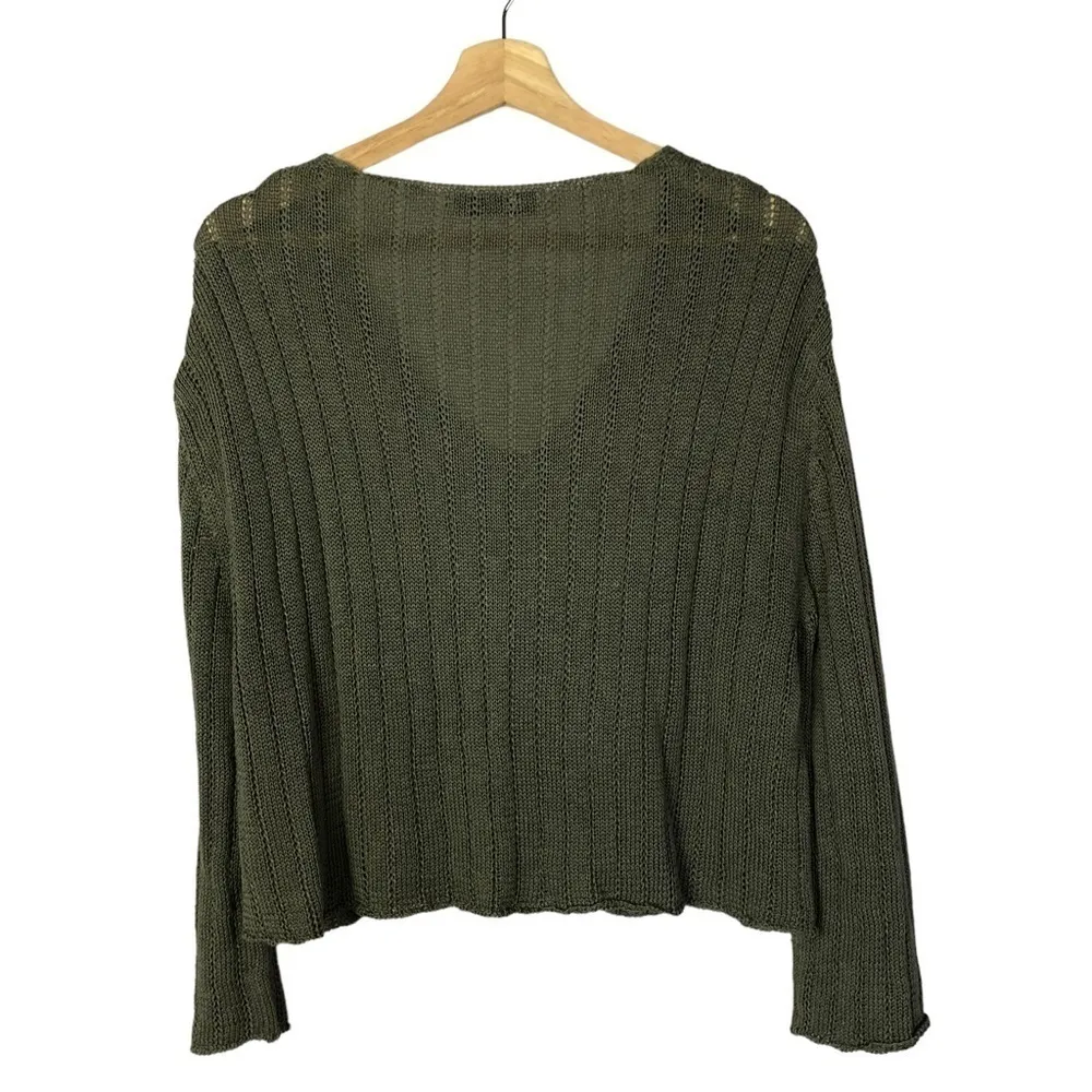 Zara Moss Green Ribbed Knit V-Neck Flare Sleeve Sweater S - Image 2
