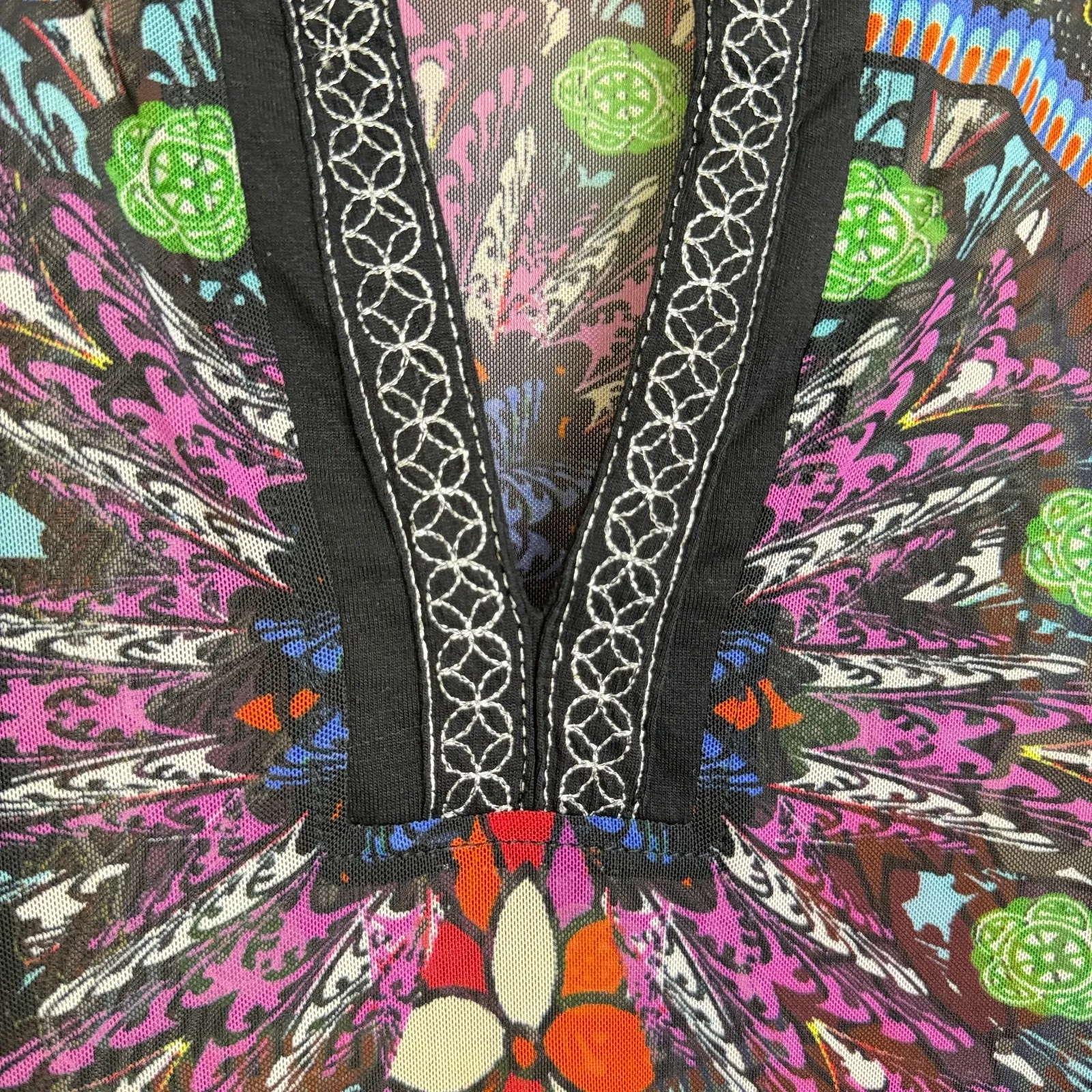 John Mark Mesh Tunic Top Womens Medium V Neck Colorful Printed Fringe Cover Up Black - Image 4