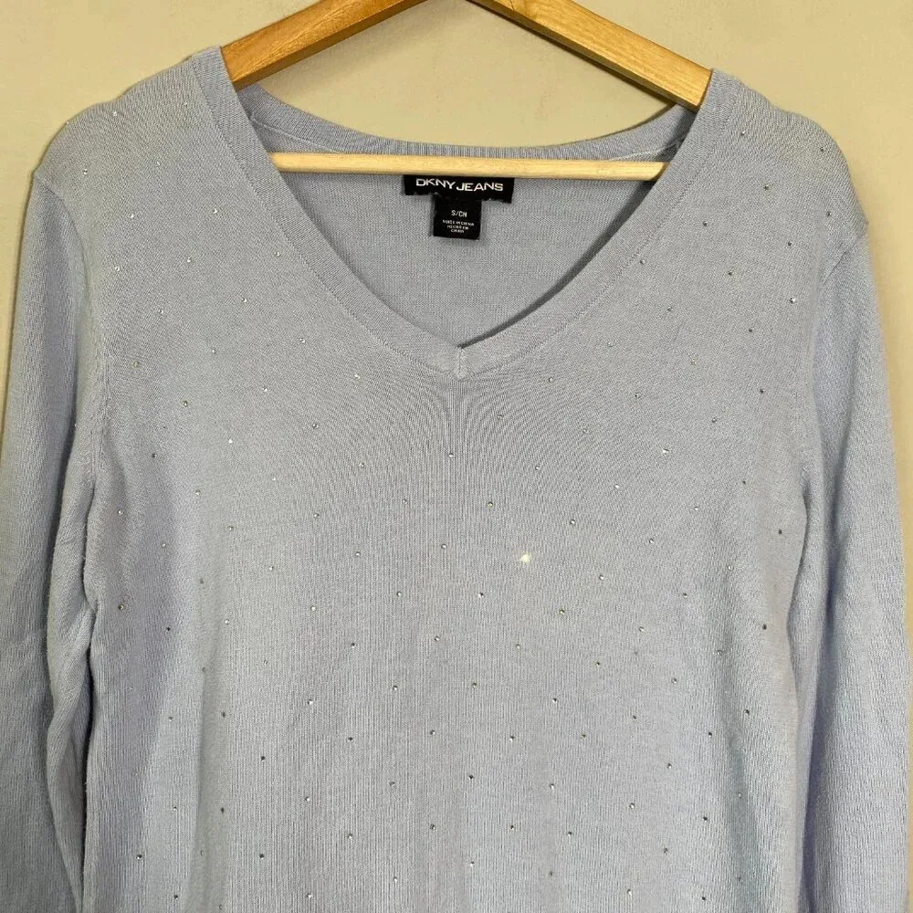 DKNY Women's Small Long Sleeve V-Neck Rhinestone Embellished Y2K Knit Sweater - Image 7